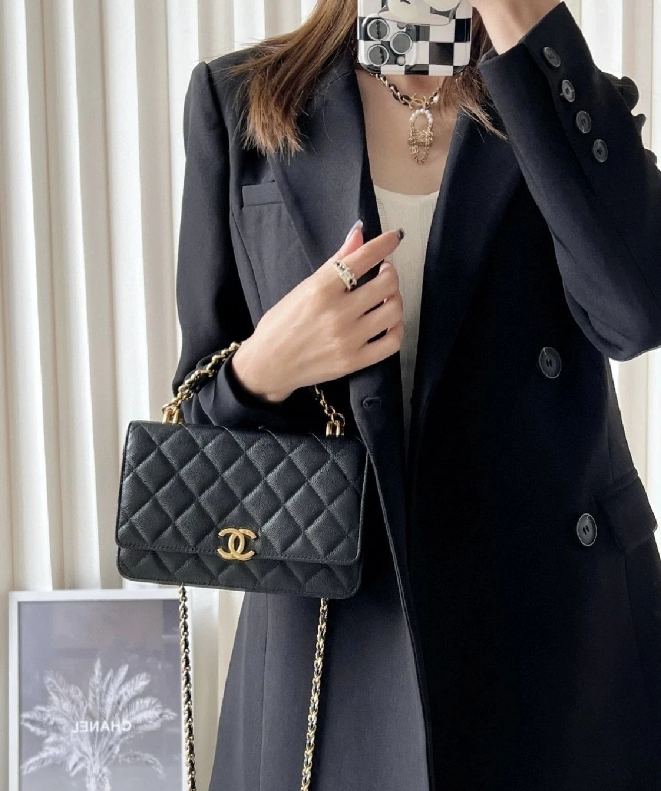 CHANEL Black Leather WOC Shoulder Handbag Crossbody For Women
