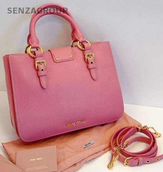 Miumiu Calfskin Tote Pink Gold 2WAY Shoulder Handbag Crossbody Almost Brand NEW