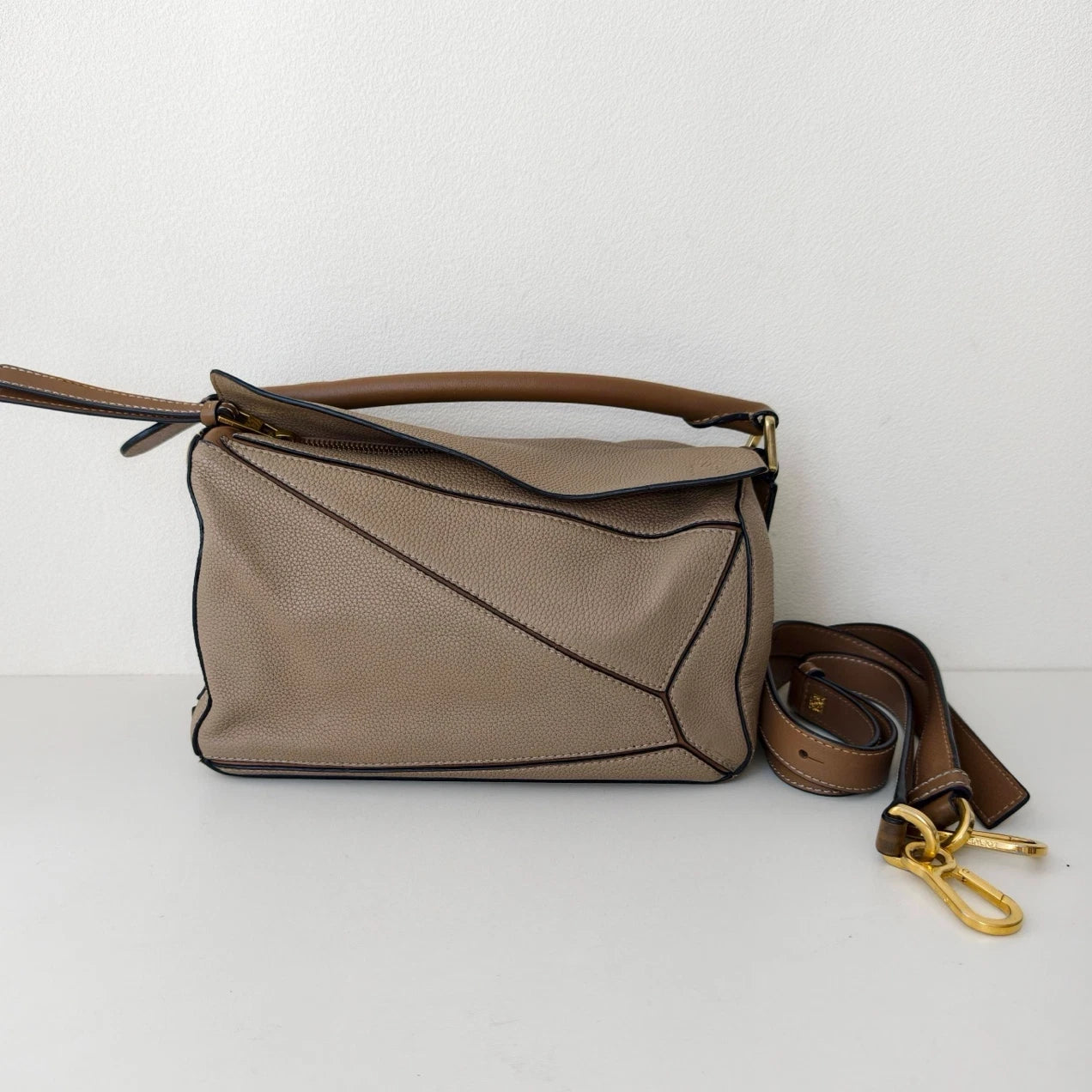 Loewe Puzzle PM Top Handle Shoulder Crossbody Gray Gold Women Classic