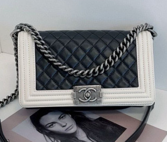 Chanel Leboy MM Lambskin Chain Shoulder Bag Black White Women Classic Diamond
