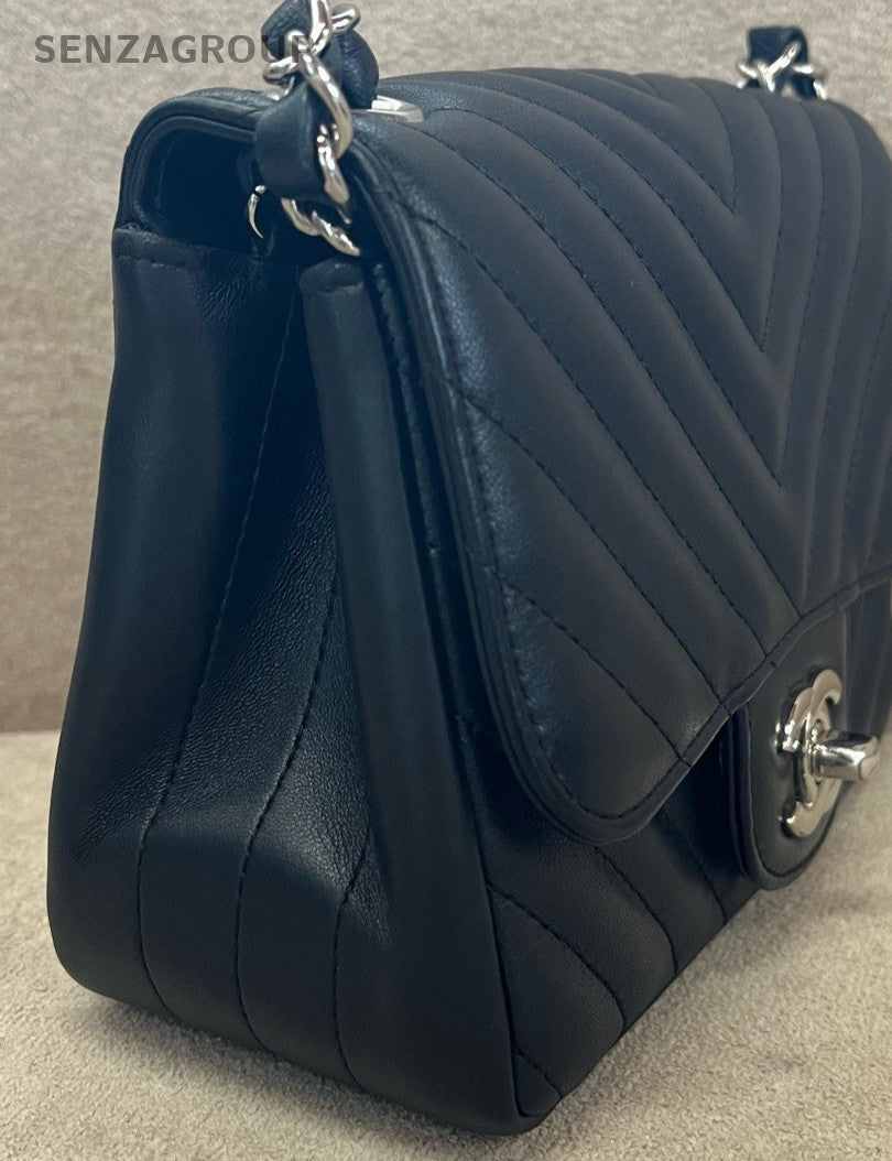 Chanel Classic Flap Calfskin Chain Shoulder Bag Crossbody Black Silver Women