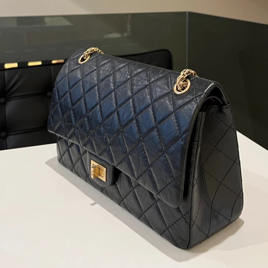 Chanel 2.55 Medium Black Gold Quilted Chain Shoulder Bag Classic