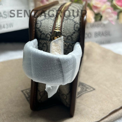 Gucci GG Supreme Brown Zip Wristlet Clutch with Gold Hardware