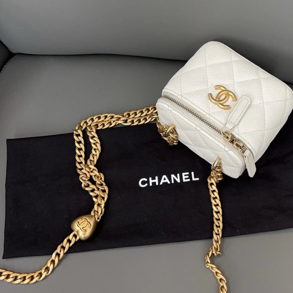 Authentic Chanel Chain Box Calfskin Shoulder Crossbody Bag White GHD