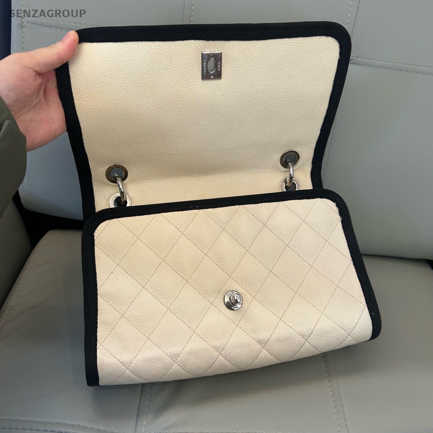 Chanel Diamond Chain Black White Silver Shoulder Bag Used Women Classic