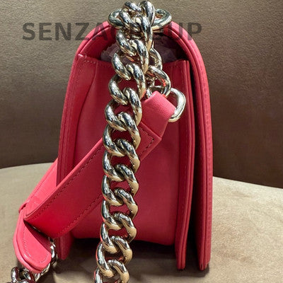 Chanel Le Boy Classic Calfskin Chain Shoulder Bag Small Red Silver