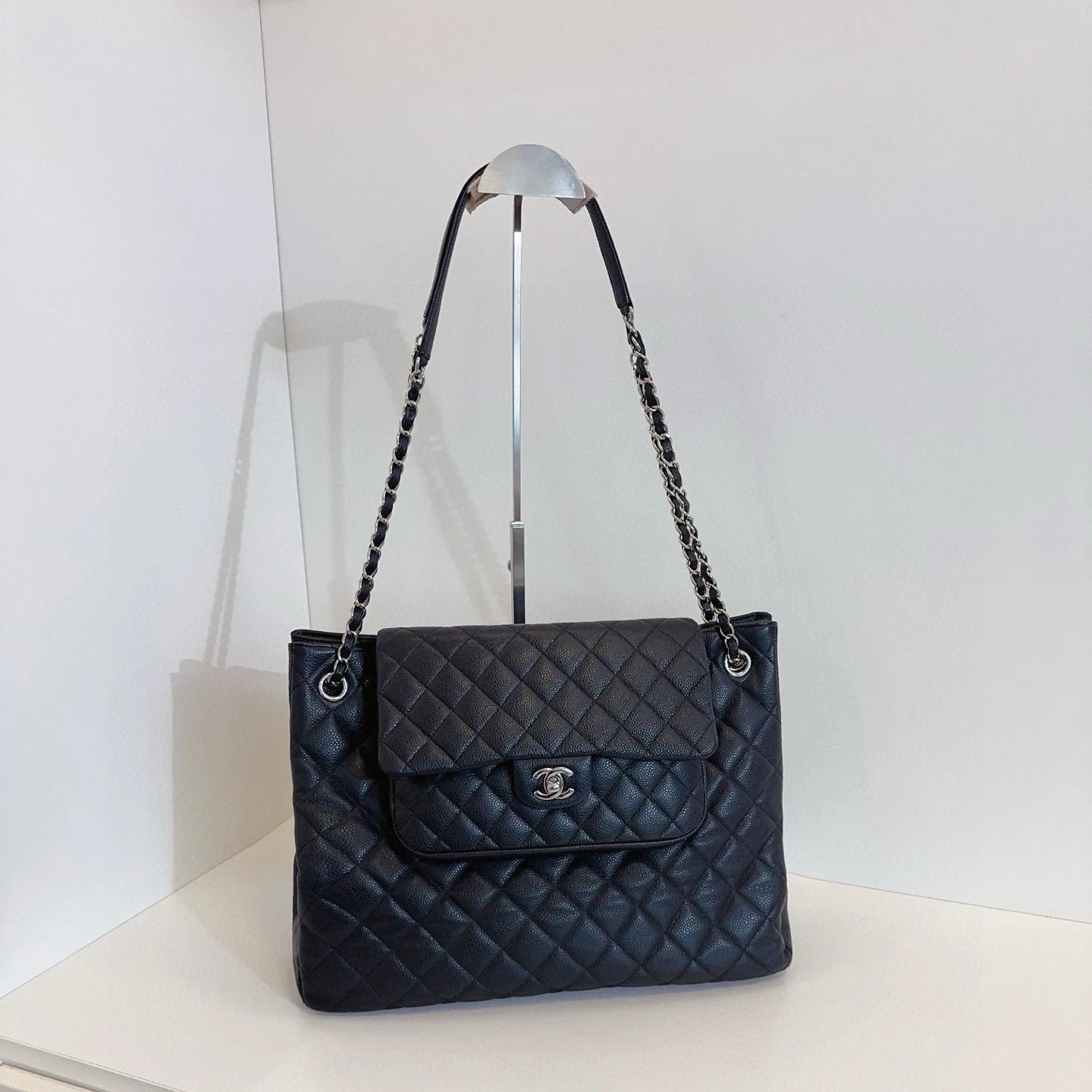 Chanel Calfskin Tote Chain Shoulder Bag Black Silver Diamond Women Classic