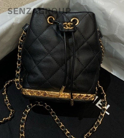 CHANEL Bucket Drawstring Lambskin Diamond Pattern Chain Shoulder bag Black Gold