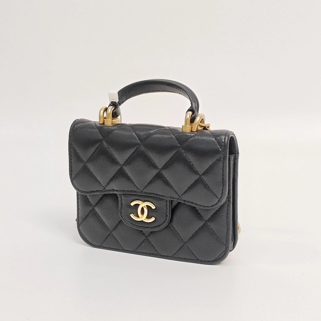 CHANEL Black Gold Lambskin Mini Top Handle Chain Bag For Women