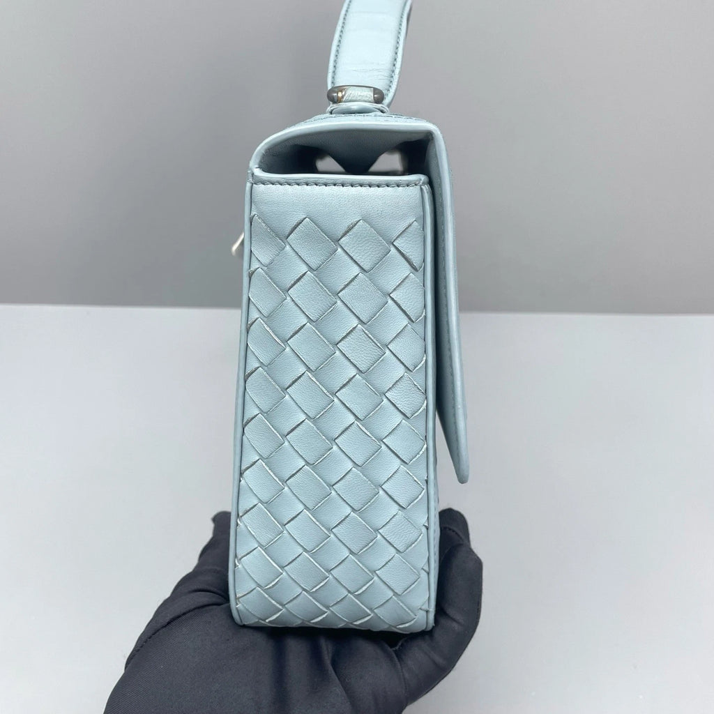 Bottega Veneta Valumna Intrecciato Top Handle Crossbody Blue Silver Women