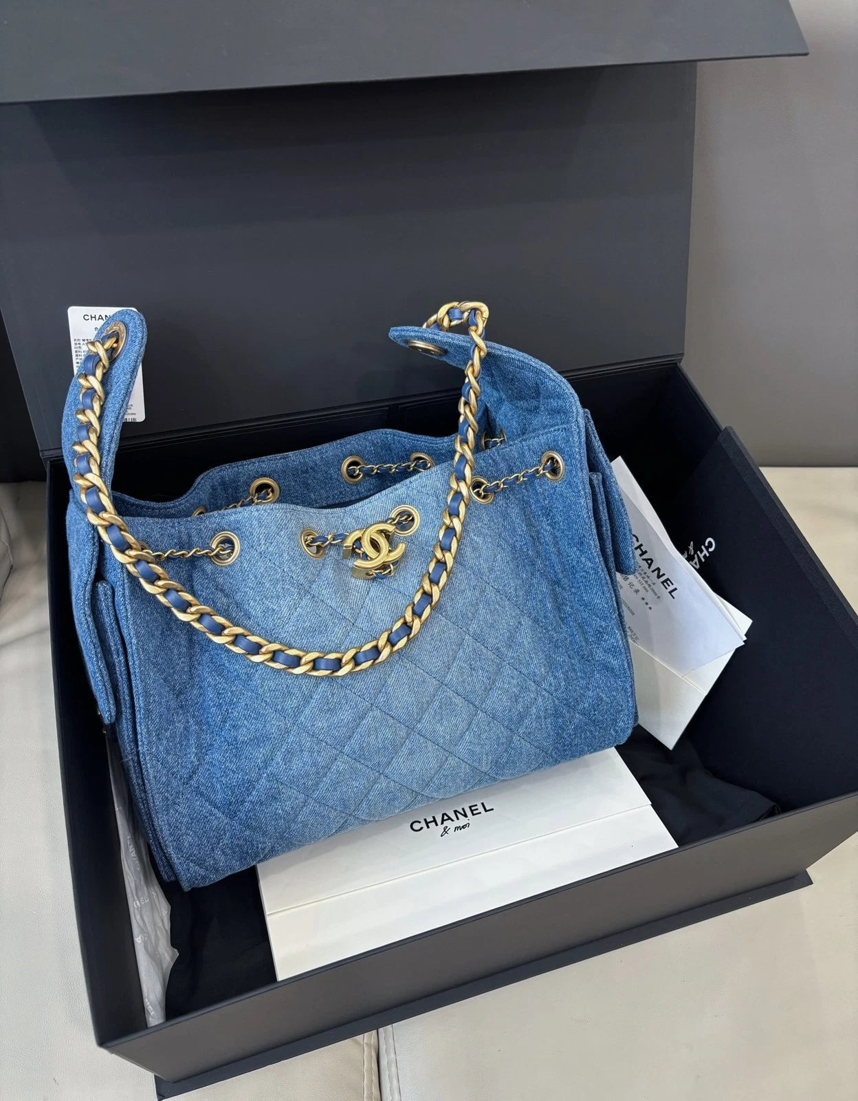 Chanel 25 Small Denim Hobo Shoulder Bag Casual Crossbody Blue Gold