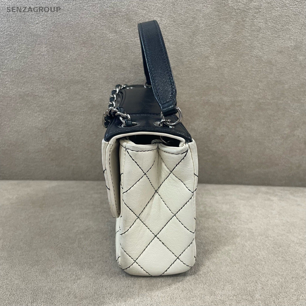 CHANEL Vintage Top Handle Diamond Pattern 2WAY Chain Shoulder Handbag White