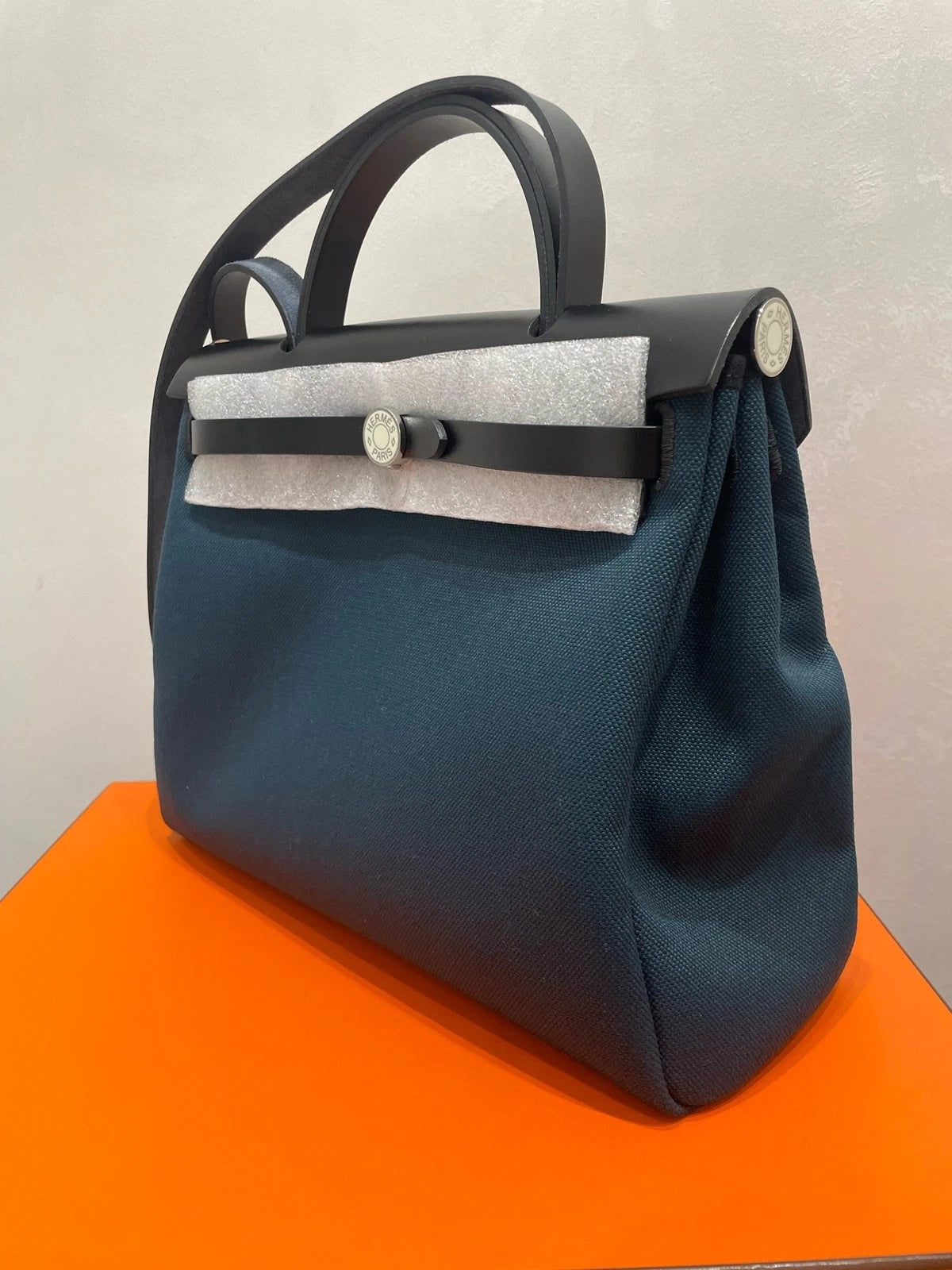Authentic Hermes Herbag31 Canvas Tote Bag Navy Black For Women