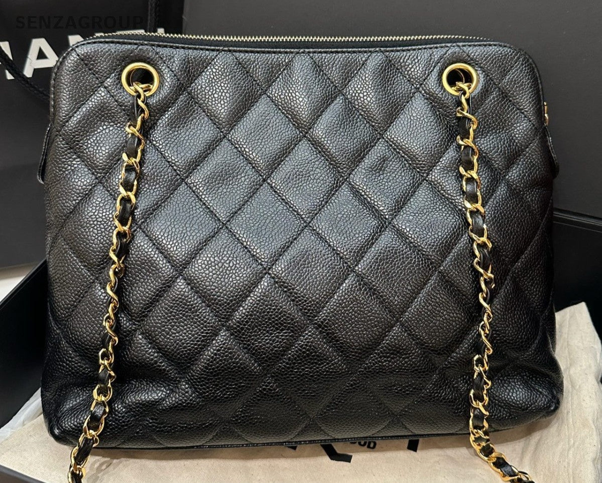 Chanel Diamond Chain Shoulder Bag Black Gold Women Classic Vintage