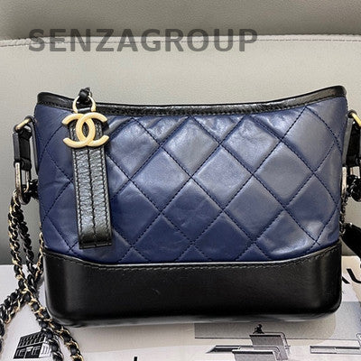 Chanel Small Black Blue Calfskin Chevron Gabrielle Hobo Bag