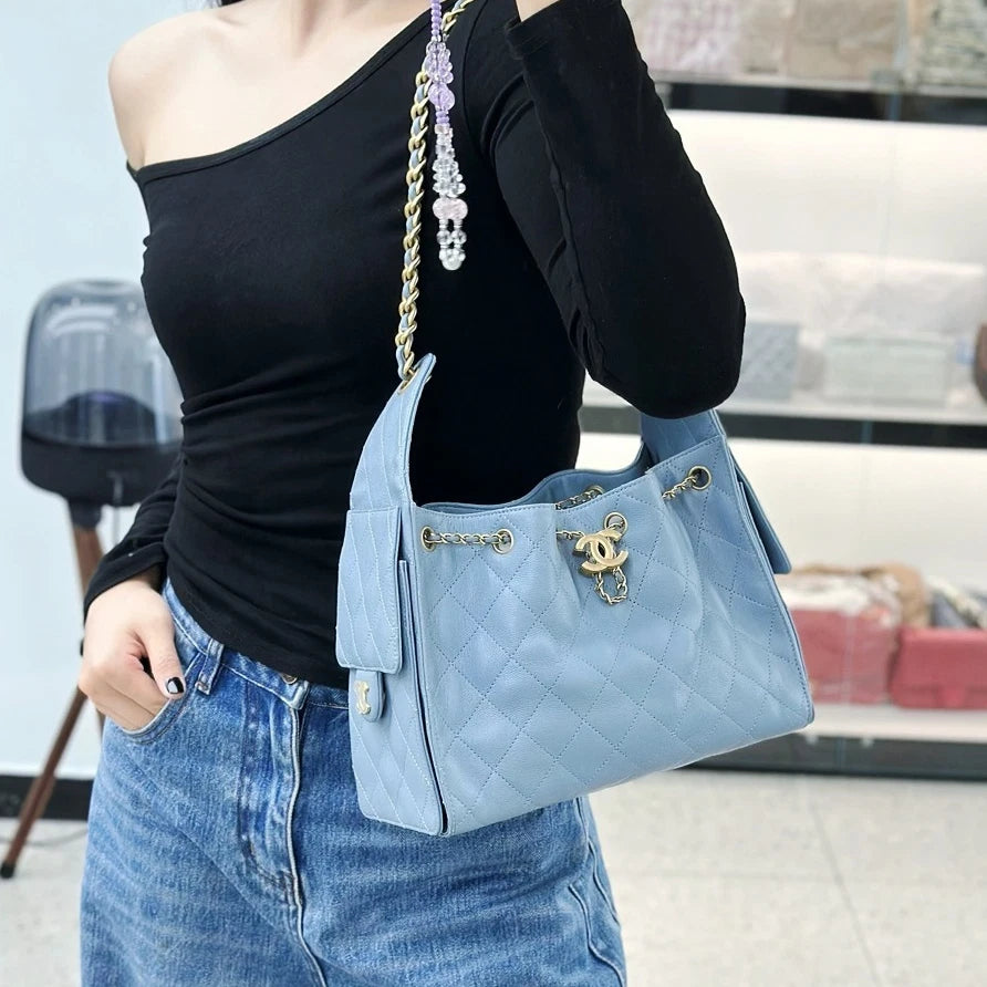 Chanel 25Bag PM Calfskin Chain Shoulder Bag Blue Gold Hardware Women S