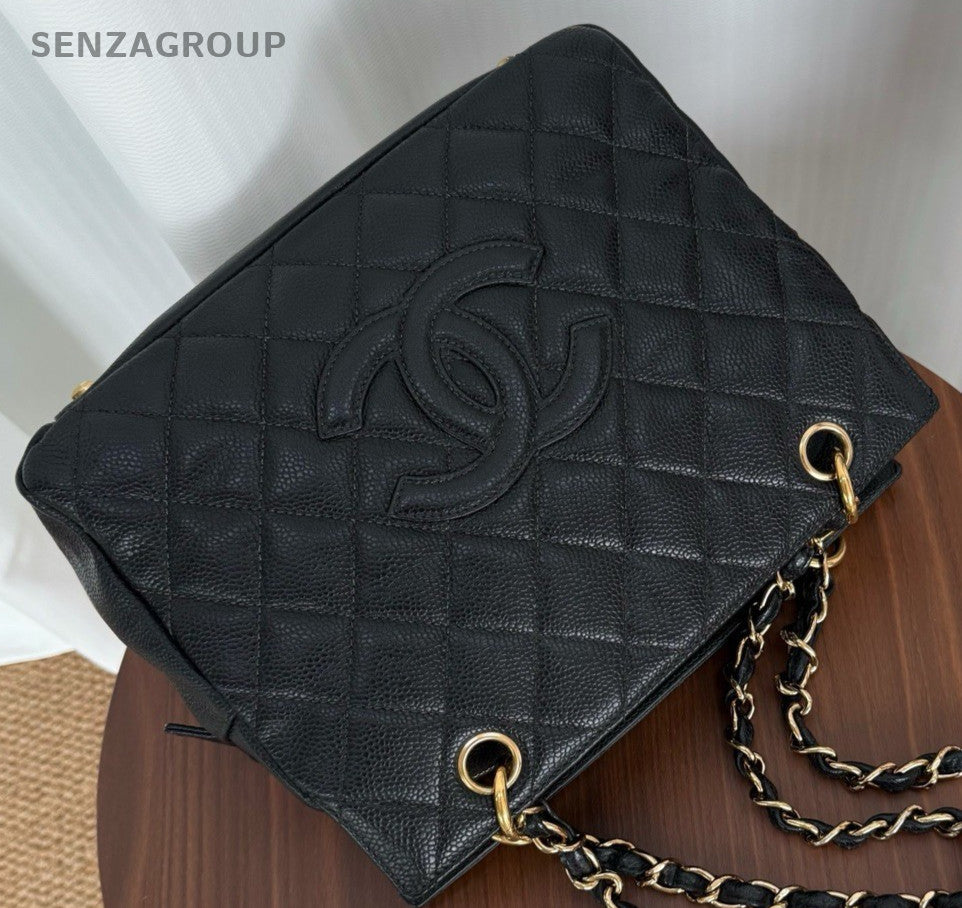 CHANEL PPT Caviar CC Chain Shoulder Handbag Black Gold Women tote