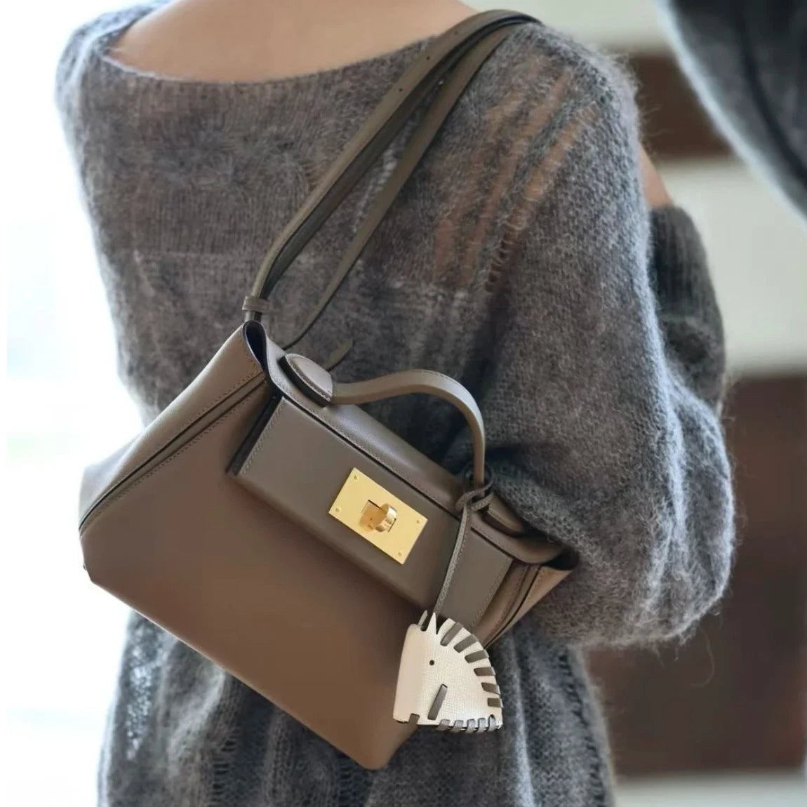 Hermes 2424 Mini Top Handle Crossbody Gray Gold Used Women Classic Fashion