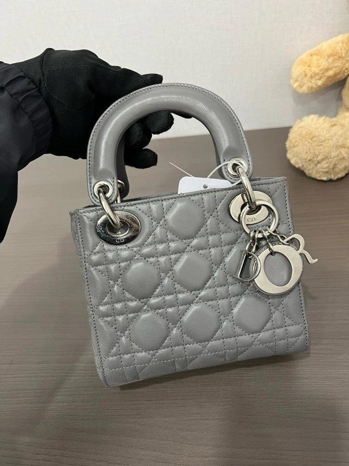Dior Gray Leather Lady Dior Top Handle Shoulder Bag For Women