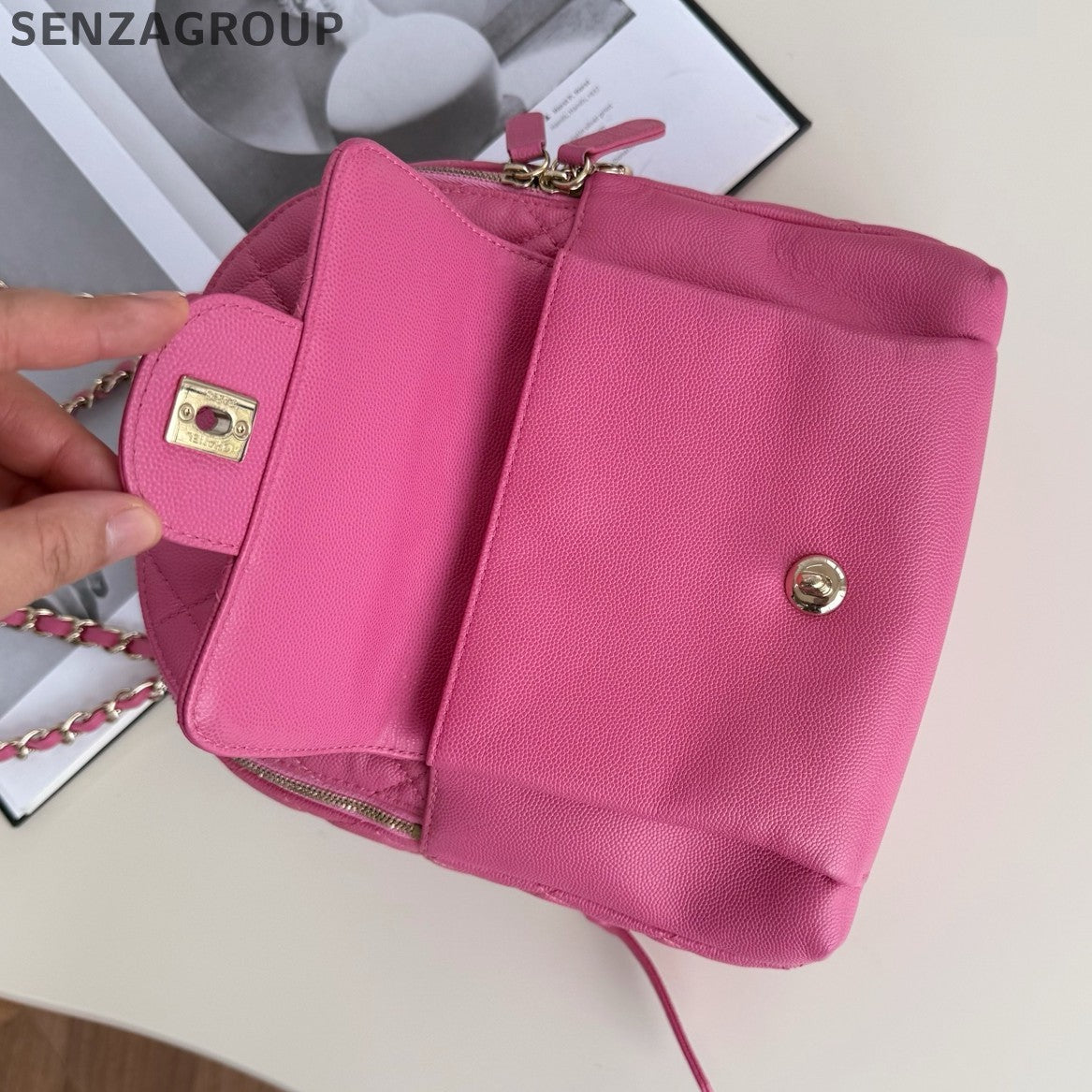 Chanel Diamond Chain Backpack Pink Gold Classic Fashion Women