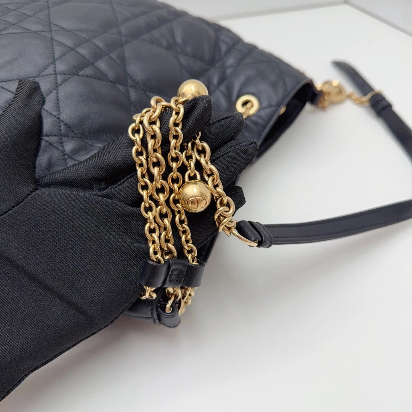 Christian Dior Cannage Tote Shoulder Bag Black Gold Hardware Women Classic