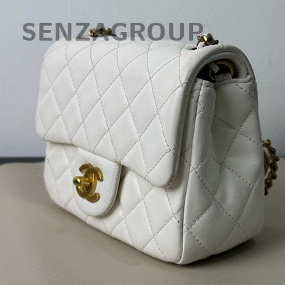 Chanel Classic Flap Bag White Gold Lamb Leather Chain Shoulder Crossbody