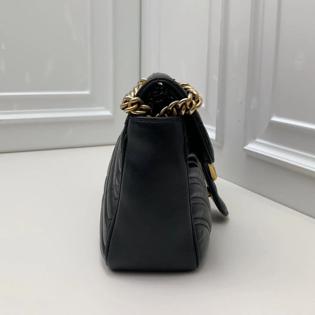Gucci Marmont26 Chain Shoulder Bag Crossbody Black Gold Women Classic