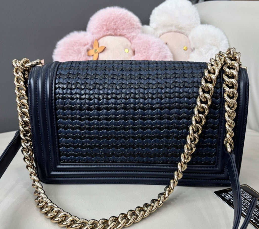 Chanel Leboy MM Chain Shoulder Bag Crossbody Blue Gold Women Classic Fashion