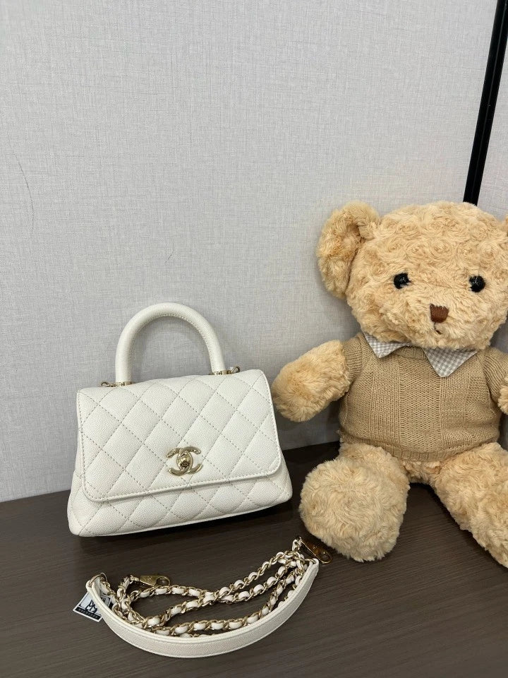 CHANEL White Leather Mini Coco Handle Bag For Women