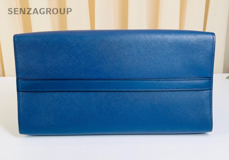 PRADA Saffiano Top Handle 2way Shoulder Handbag Women Blue Gold