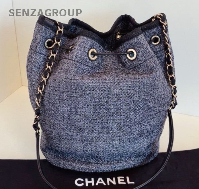 Chanel Beach Drawstring Bucket Chain Shoulder Bag Crossbody Gray Black Women