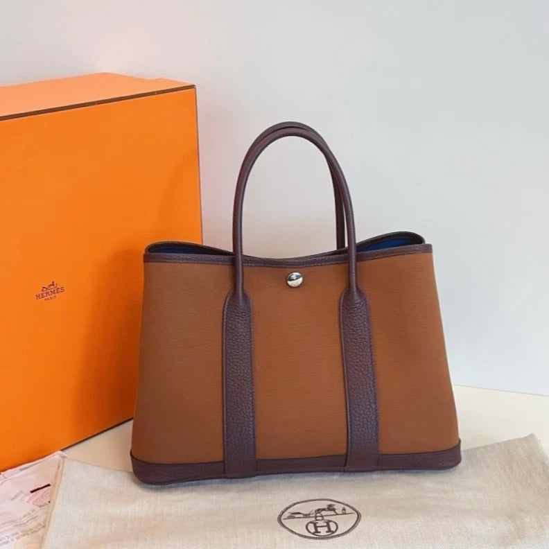 Hermes Garden Party30 Canvas Top Handle Bag Brown Silver Women Classic