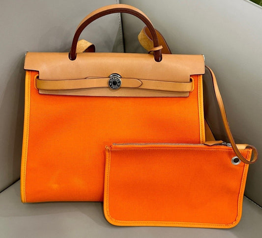 Hermes Herbag31 Top Handle Canvas 2way Shoulder Handbag Orange Silver