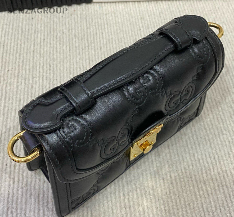 GUCCI Calfskin Chain 2Way Shoulder Bag Crossbody Black Gold Women Classic
