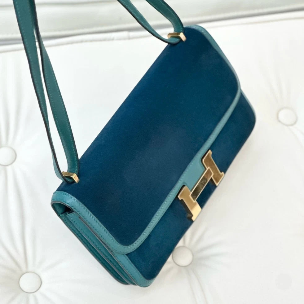 Hermes Constance Elan Suede Shoulder Crossbody Bag Green Gold Women S
