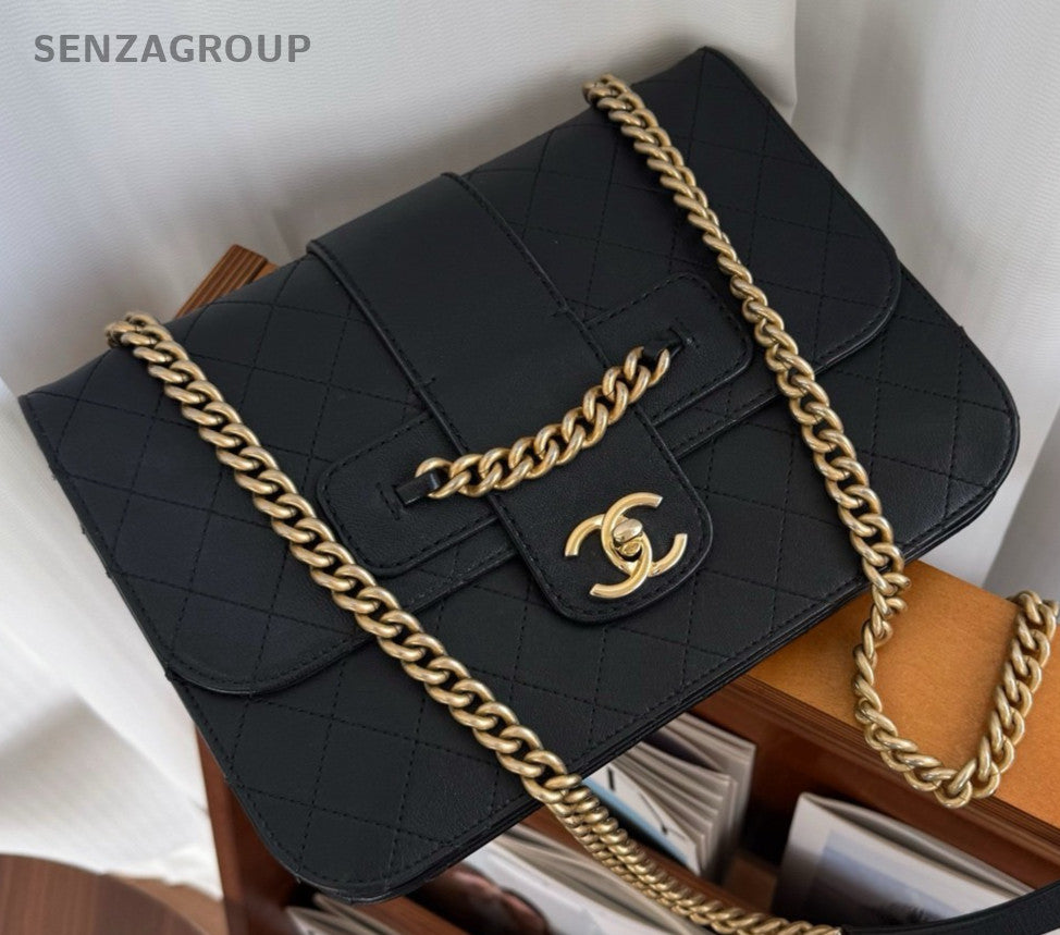 Chanel CC Logo Chain Shoulder Bag Crossbody Black Gold Used Women Classic