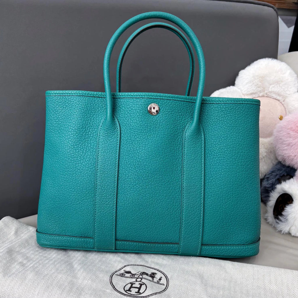 Hermes Garden Party30 Top Handle Bag Green Silver Women Classic