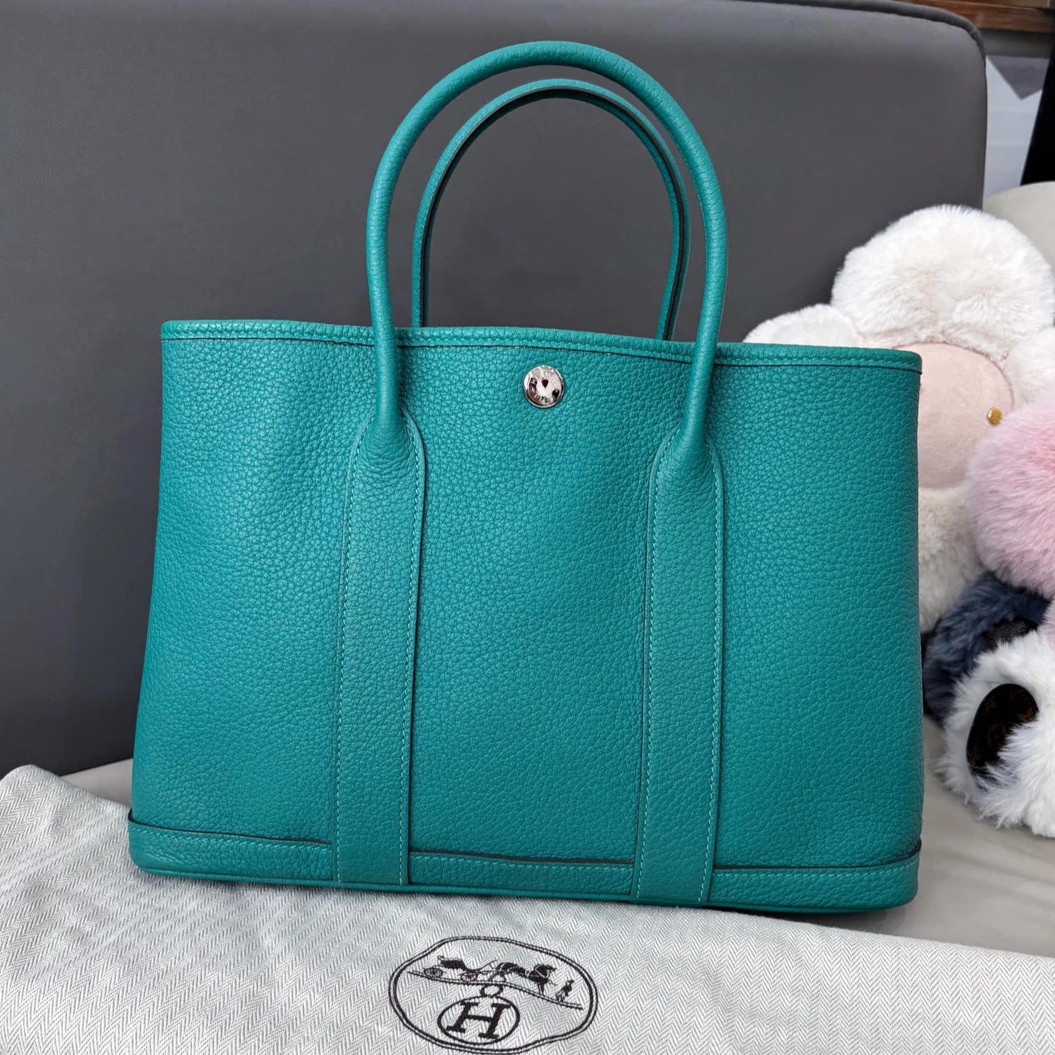 Hermes Garden Party30 Top Handle Bag Green Silver Women Classic