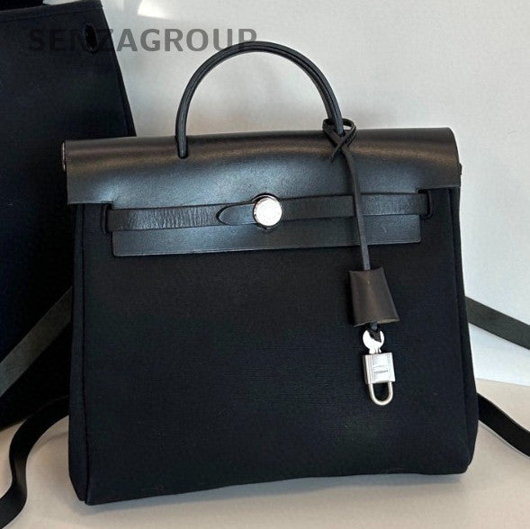 Hermes Herbag Canvas Backpack Black Silver Used Women Classic Vintage