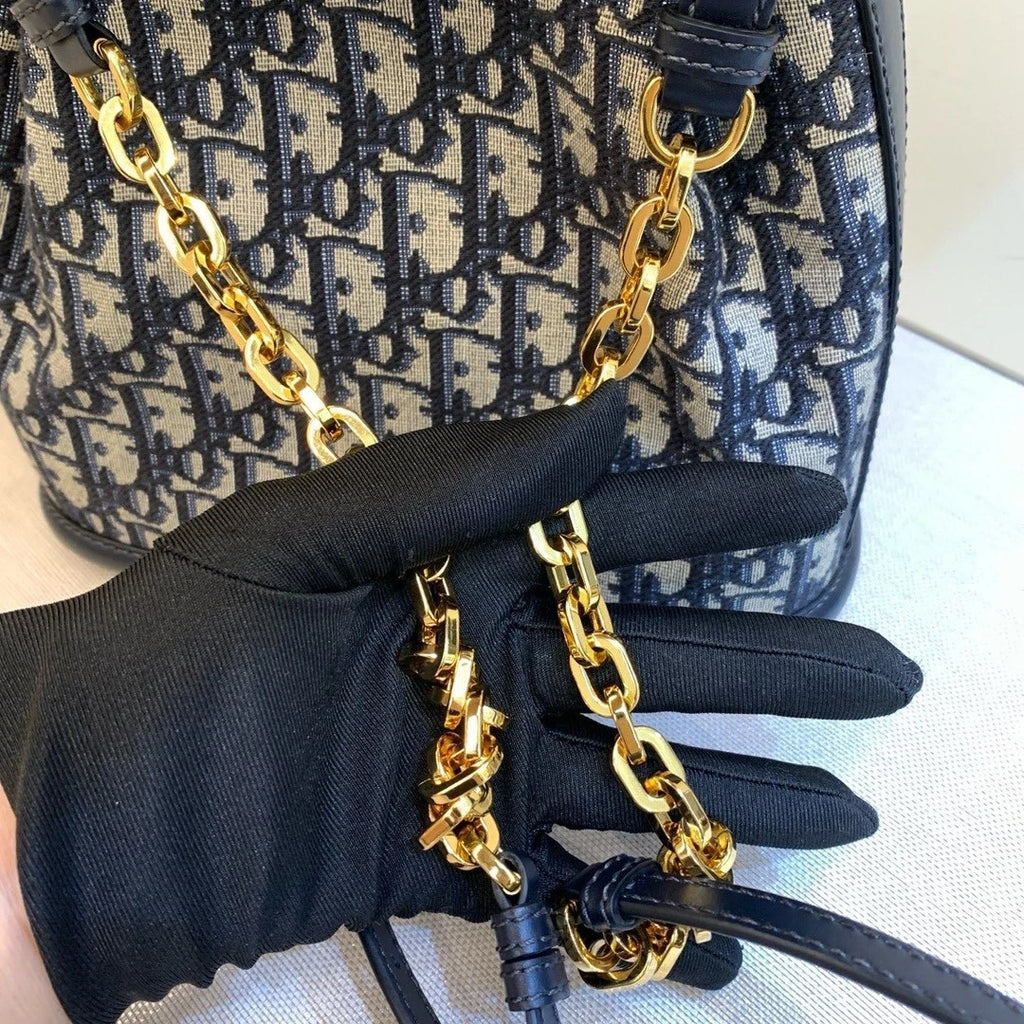 Christian Dior Monogram Blue Gold Drawstring bucket shoulder Bag with DUST Bag - Pre-Owned