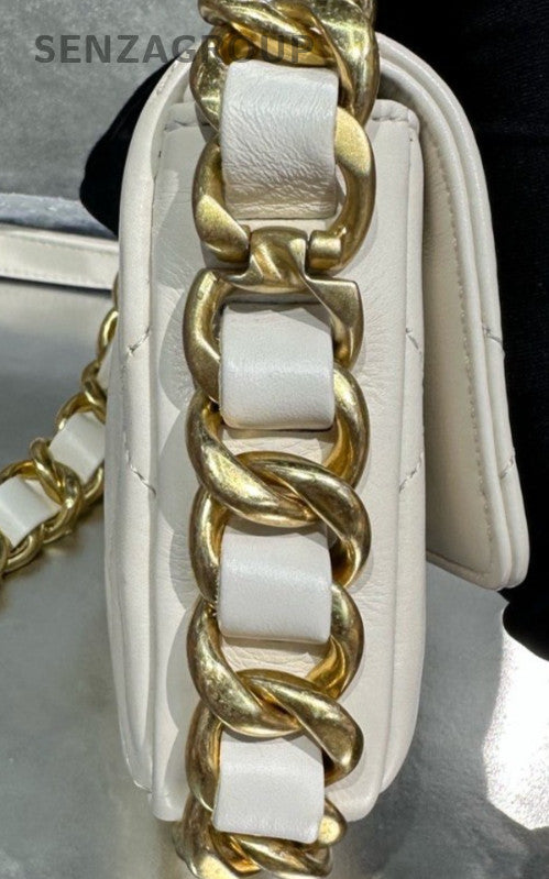 Chanel Classic Flap Lambskin Mini Chain Shoulder Bag Crossbody White Gold Women