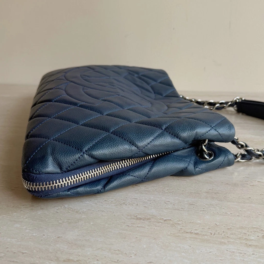 Chanel CC Logo Diamond Calfskin Leather Tote Navy Silver Chain Shoulder Bag