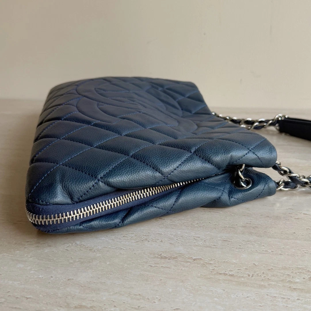 Chanel CC Logo Diamond Calfskin Leather Tote Navy Silver Chain Shoulder Bag