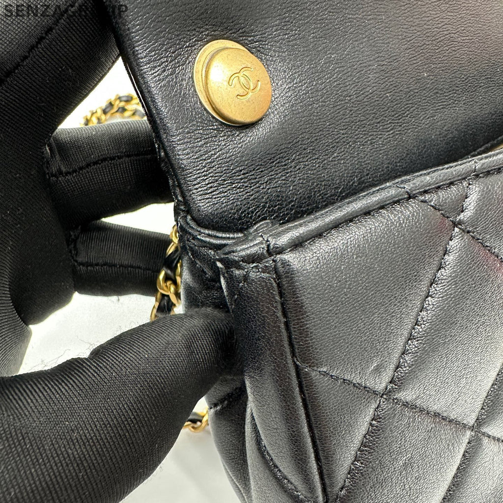 Chanel Classic Flap Double Pearl Chain Shoulder Crossbody Bag Black Gold