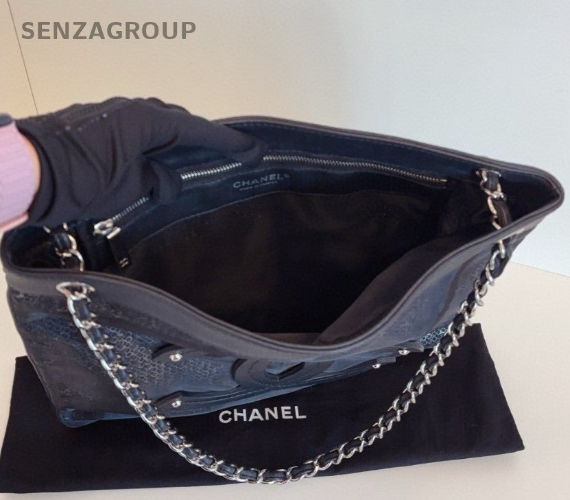 Chanel Calfskin Chain Tote Shoulder Bag Crossbody Black Silver Women Classic