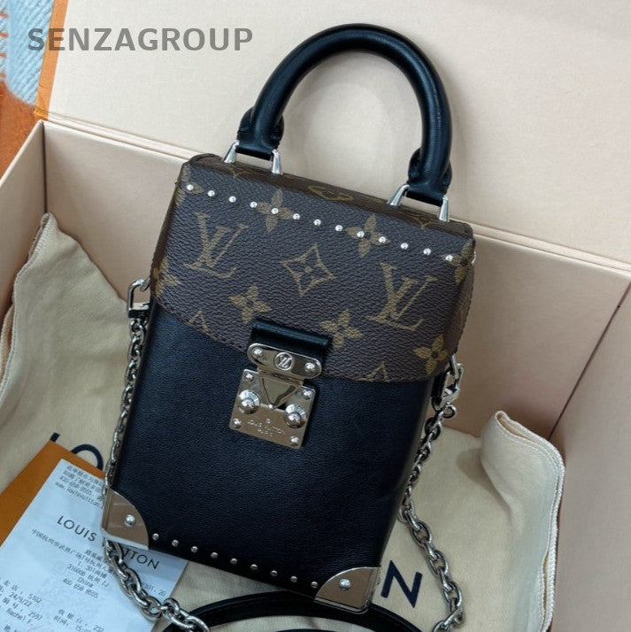Louis Vuitton Monogram Camera Box Chain Shoulder Bag Black Brown Silver Women