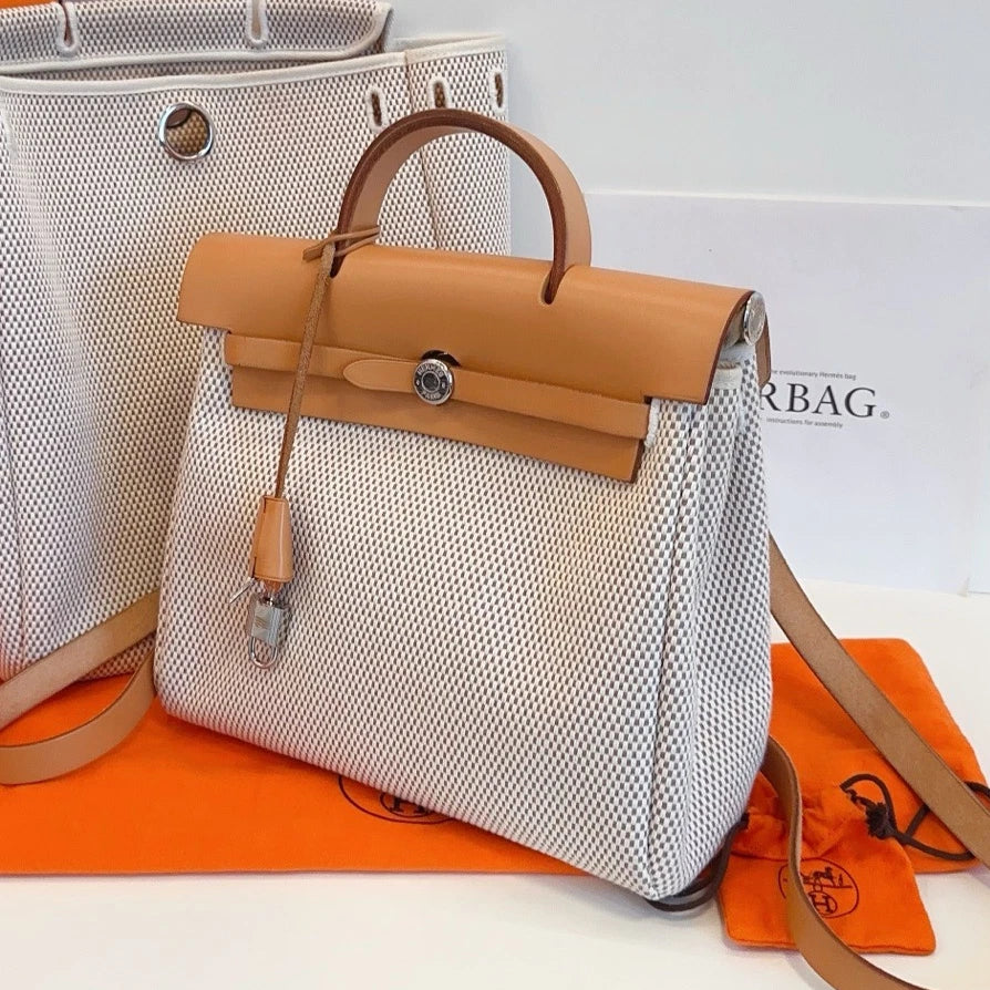 Hermes Herbag31 Backpack Canvas Ivory Brown Silver Hardware Women Classic