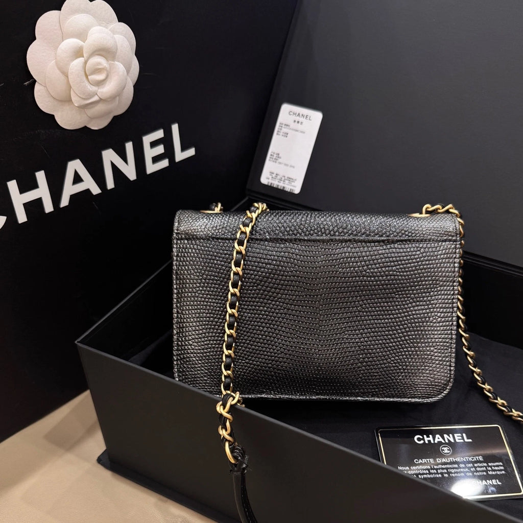 CHANEL Women's Black Gold Lizard Calfskin Accordion Bag