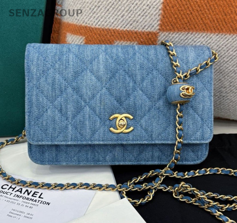 Chanel WOC Denim Chain Shoulder Bag Crossbody Diamond Blue Gold Women Classic