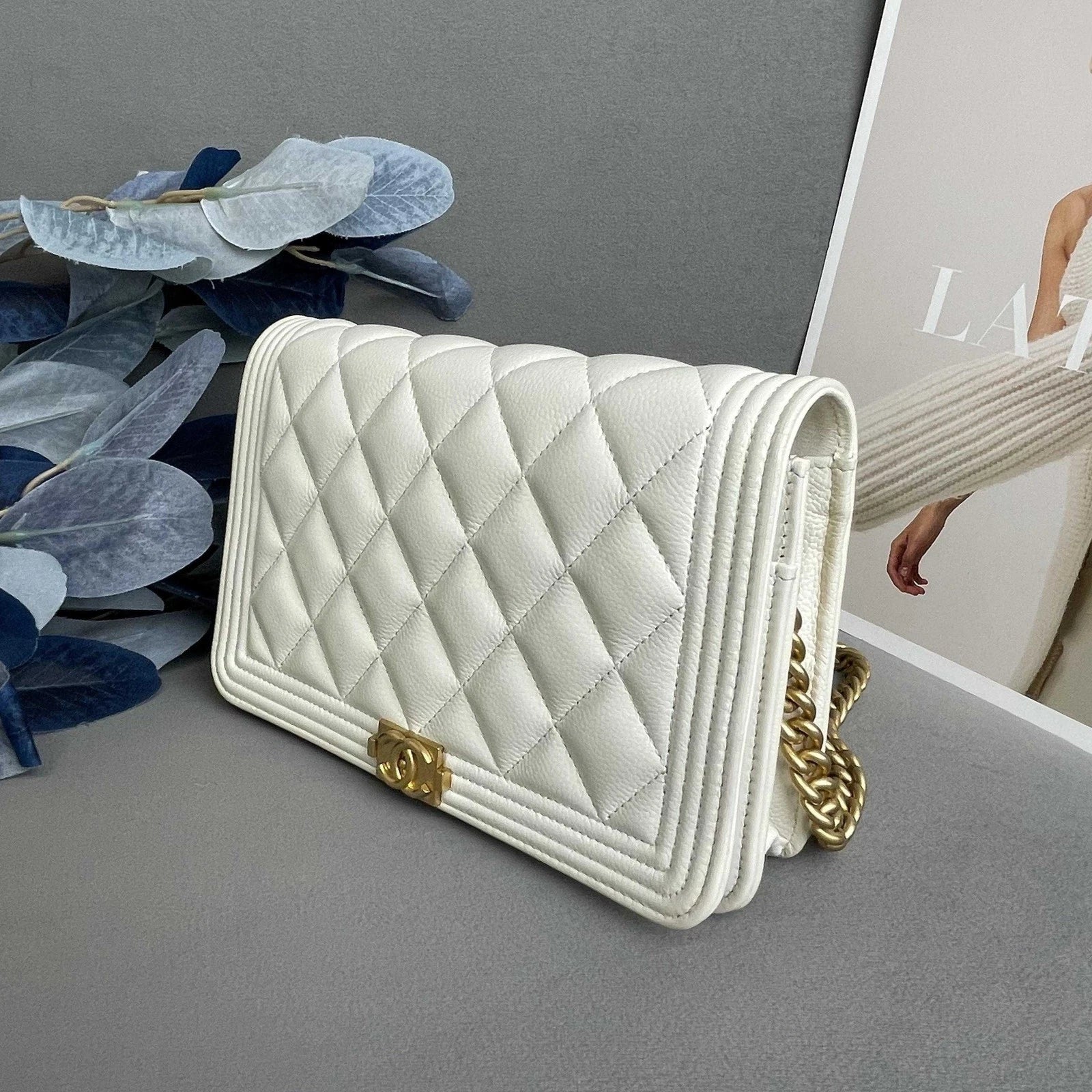 CHANEL White Gold Leather LeBoy WOC Crossbody Bag For Women
